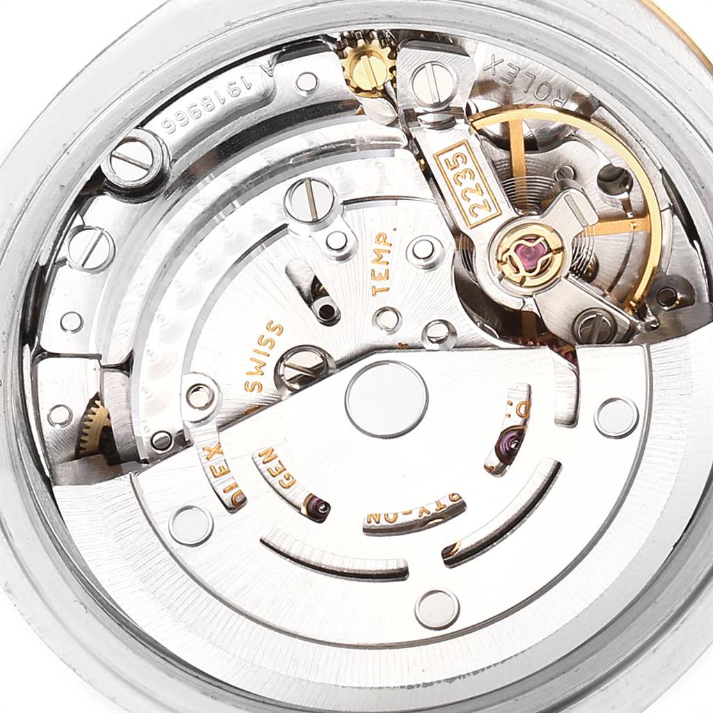 This image shows the internal movement mechanism of the Rolex Datejust 179173 Women's Steel and Gold (two tone) Silver Dial 179173 Women's Steel and Gold (two tone) Silver Dial watch model from an overhead angle.