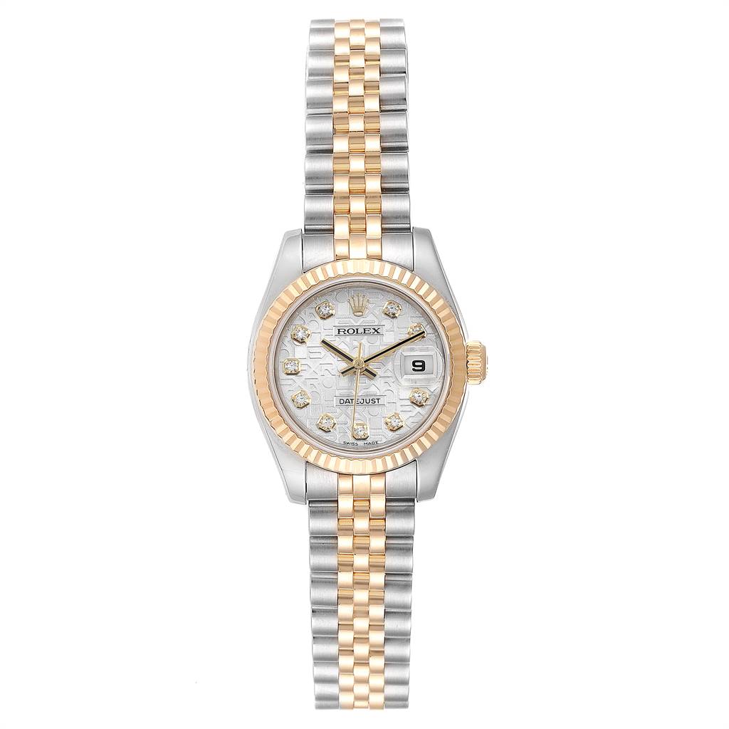 This Rolex Datejust 179173 Women's Steel and Gold (two tone) Silver Dial 179173 Women's Steel and Gold (two tone) Silver Dial model is shown from a top view, displaying the dial and two-tone bracelet.