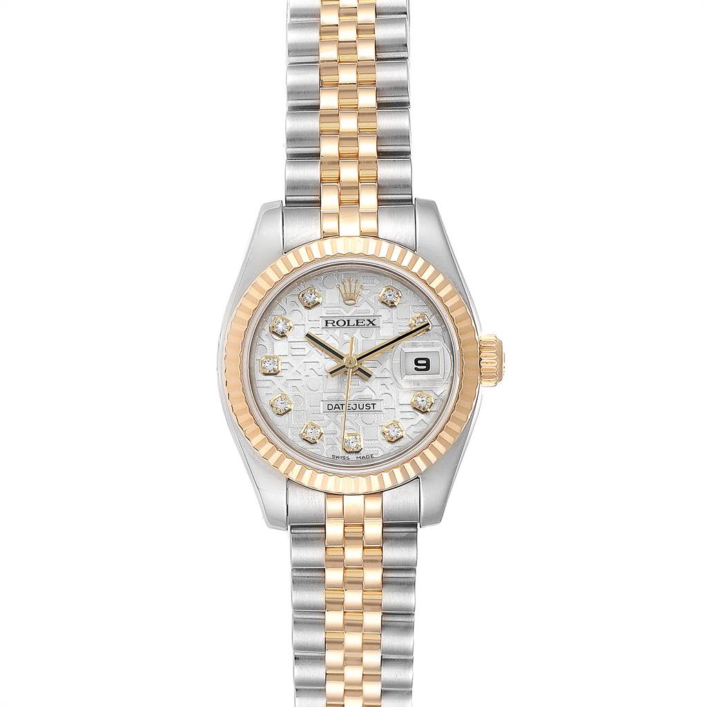 The image shows a front view of the Rolex Datejust 179173 Women's Steel and Gold (two tone) Silver Dial 179173 Women's Steel and Gold (two tone) Silver Dial watch, displaying its dial, bezel, and bracelet.