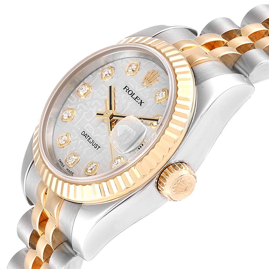The image shows a Rolex Datejust 179173 Women's Steel and Gold (two tone) Silver Dial 179173 Women's Steel and Gold (two tone) Silver Dial watch at an angle highlighting the dial, bezel, crown, and part of the bracelet.