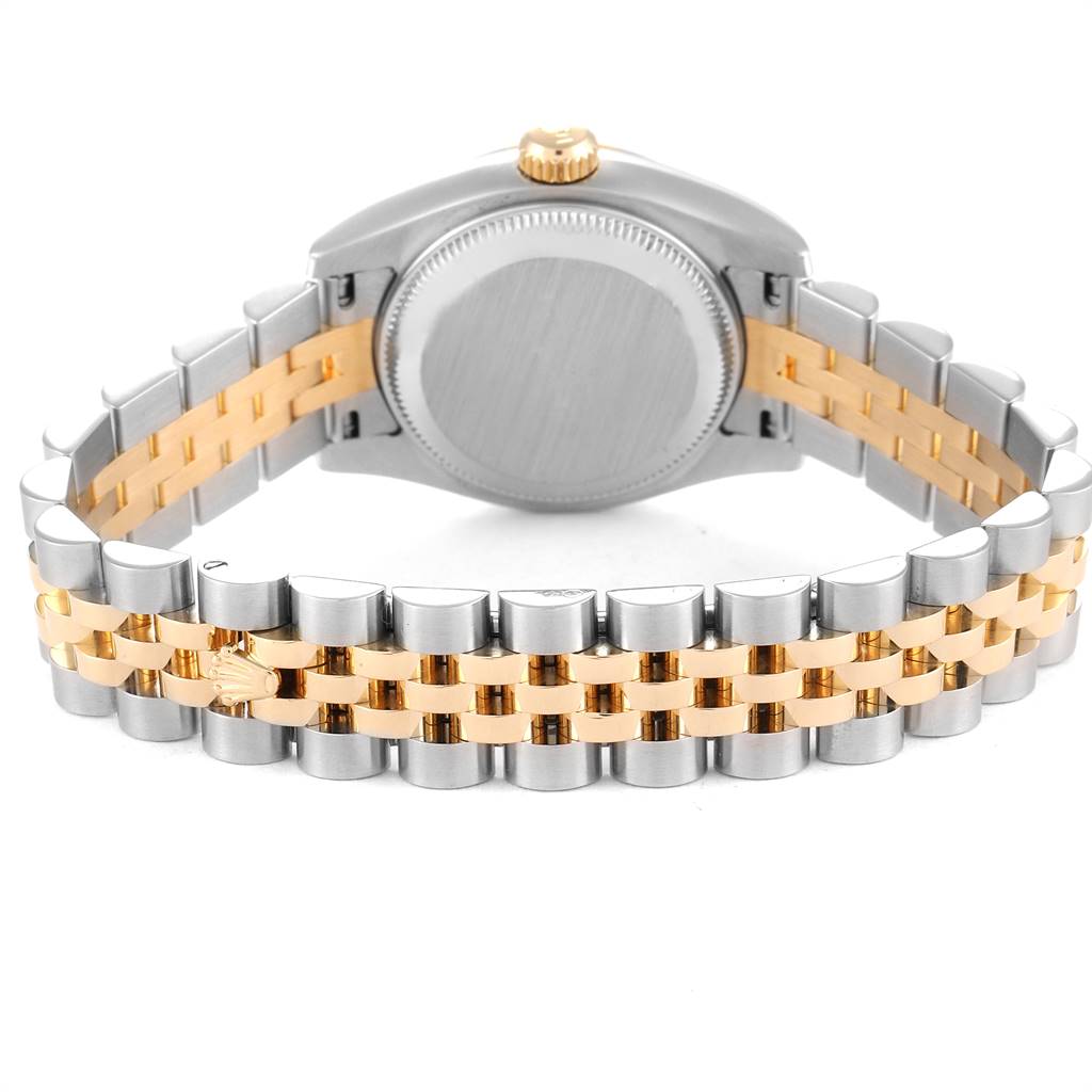The image shows the back view of a Rolex Datejust 179173 Women's Steel and Gold (two tone) Silver Dial 179173 Women's Steel and Gold (two tone) Silver Dial watch with a two-tone metal bracelet.