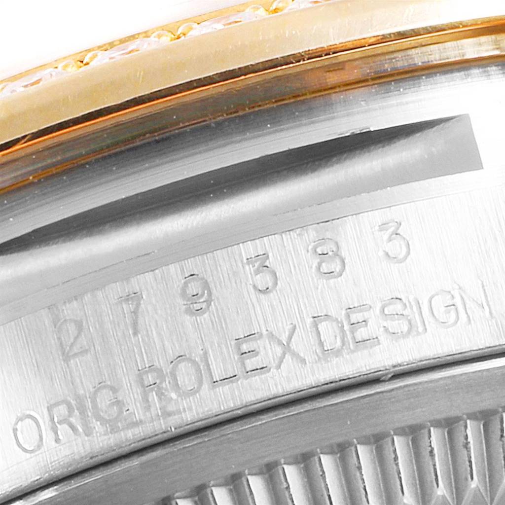 The image shows a close-up of the side of a Rolex Datejust 279383 Women's Steel and Gold (two tone) Silver Dial 279383 Women's Steel and Gold (two tone) Silver Dial watch, highlighting the model number and "ORIG. ROLEX DESIGN" engraving.
