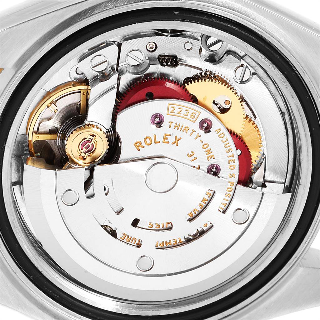 This image displays a close-up view of the movement mechanism of a Rolex Datejust 279383 Women's Steel and Gold (two tone) Silver Dial 279383 Women's Steel and Gold (two tone) Silver Dial watch.