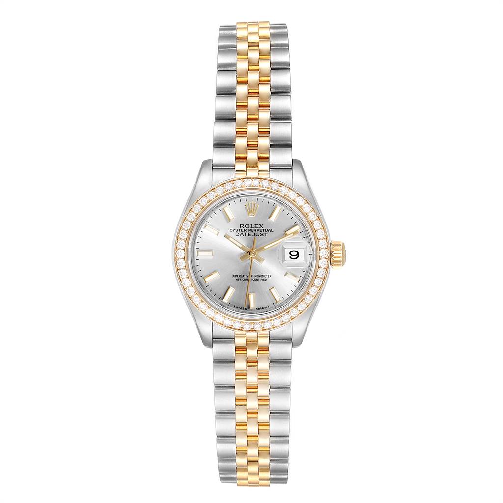 This image shows a front view of the Rolex Datejust 279383 Women's Steel and Gold (two tone) Silver Dial 279383 Women's Steel and Gold (two tone) Silver Dial watch featuring a dual-tone bracelet and diamond bezel.