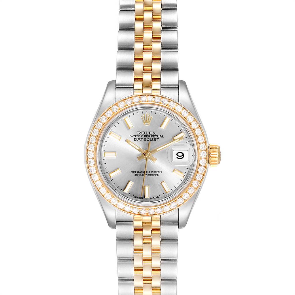 This image shows the Rolex Datejust 279383 Women's Steel and Gold (two tone) Silver Dial 279383 Women's Steel and Gold (two tone) Silver Dial model watch from a front angle, featuring a two-tone bracelet and diamond-encrusted bezel.