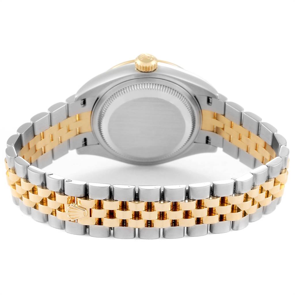 This Rolex Datejust 279383 Women's Steel and Gold (two tone) Silver Dial 279383 Women's Steel and Gold (two tone) Silver Dial watch is shown from the rear, highlighting its back case and two-tone bracelet.