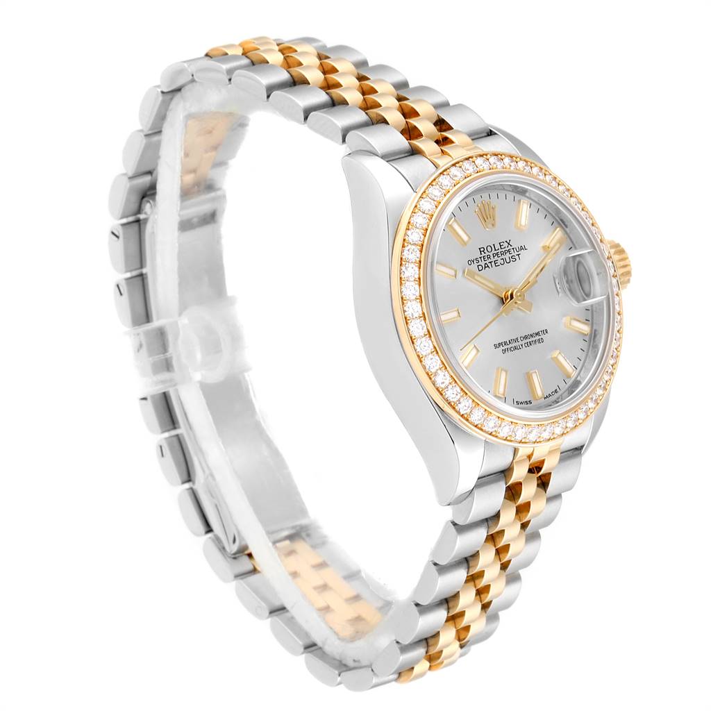 The Rolex Datejust 279383 Women's Steel and Gold (two tone) Silver Dial 279383 Women's Steel and Gold (two tone) Silver Dial watch is shown at a slanted angle highlighting its face, bezel, and two-tone bracelet.