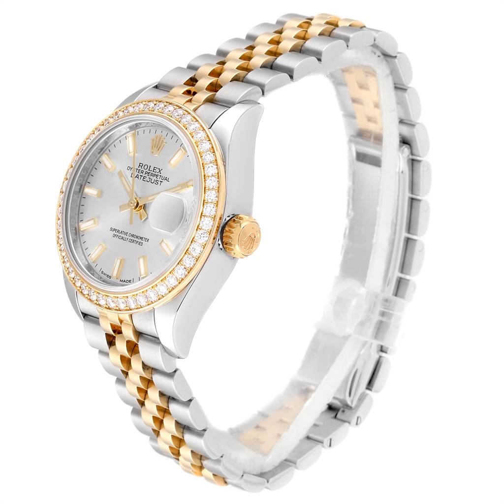 The Rolex Datejust 279383 Women's Steel and Gold (two tone) Silver Dial 279383 Women's Steel and Gold (two tone) Silver Dial watch is shown from an oblique angle, displaying its face, bezel, crown, and two-tone bracelet.