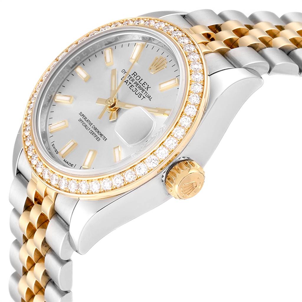 This image shows a side angle of a Rolex Datejust 279383 Women's Steel and Gold (two tone) Silver Dial 279383 Women's Steel and Gold (two tone) Silver Dial, highlighting the dial, bezel, crown, and part of the bracelet.