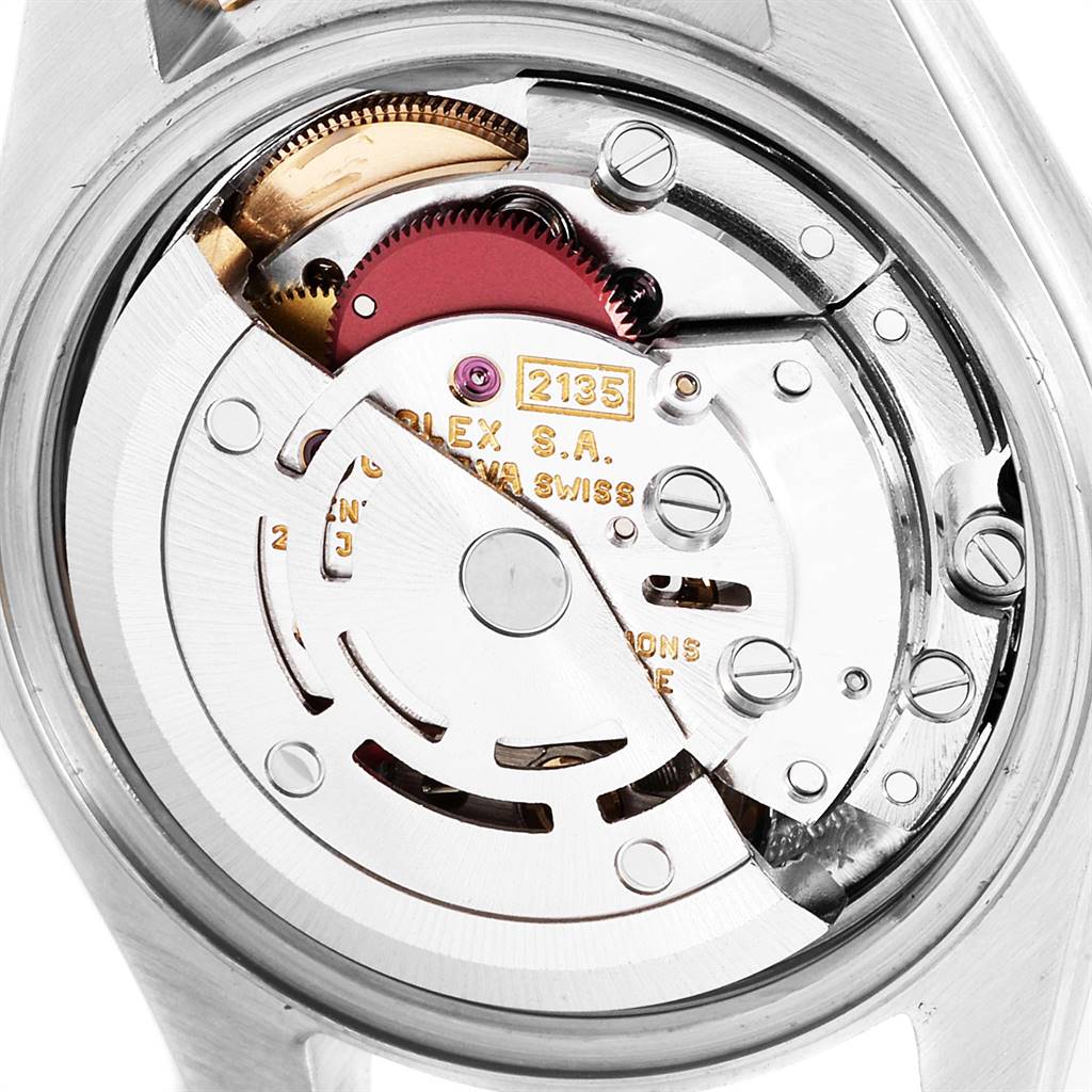 This image shows the internal movement mechanism of a Rolex Datejust 69173 Women's Steel and Gold (two tone) Black Dial 69173 Women's Steel and Gold (two tone) Black Dial watch from a close-up, rear angle.