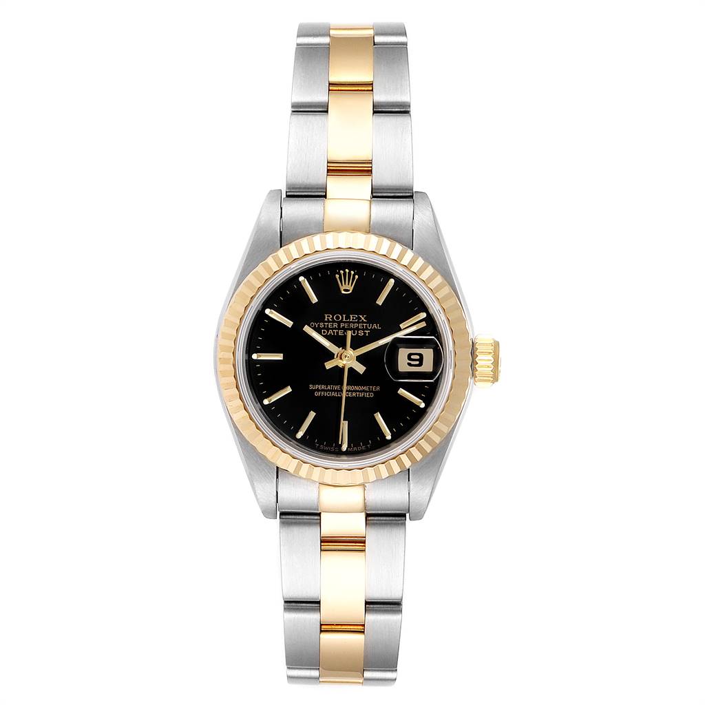 The Rolex Datejust 69173 Women's Steel and Gold (two tone) Black Dial 69173 Women's Steel and Gold (two tone) Black Dial watch is shown from a top-down angle, featuring its two-tone bracelet, black dial, fluted bezel, and date display.