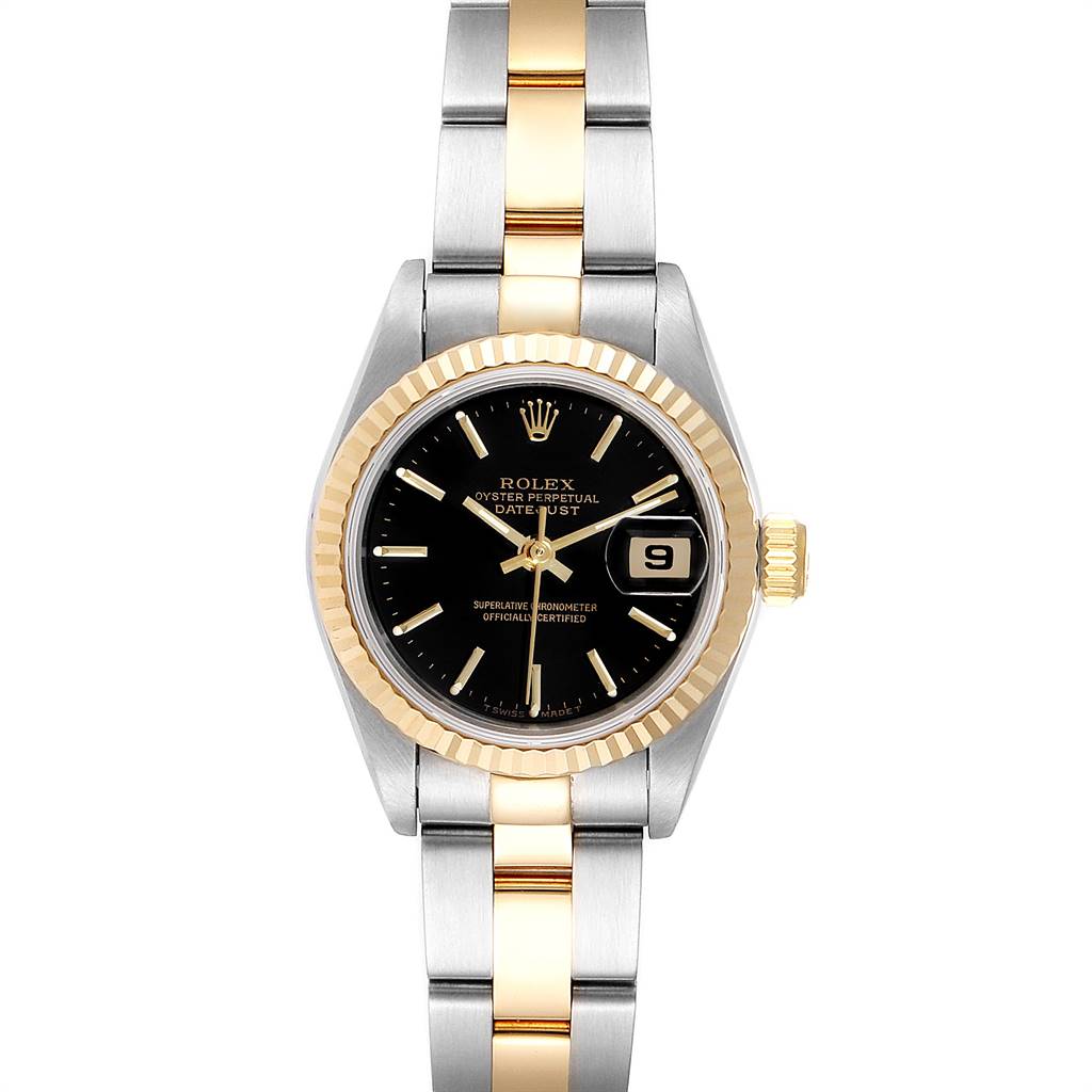 The image shows a Rolex Datejust 69173 Women's Steel and Gold (two tone) Black Dial 69173 Women's Steel and Gold (two tone) Black Dial watch taken from a top-down angle, displaying the face, bezel, and bracelet.