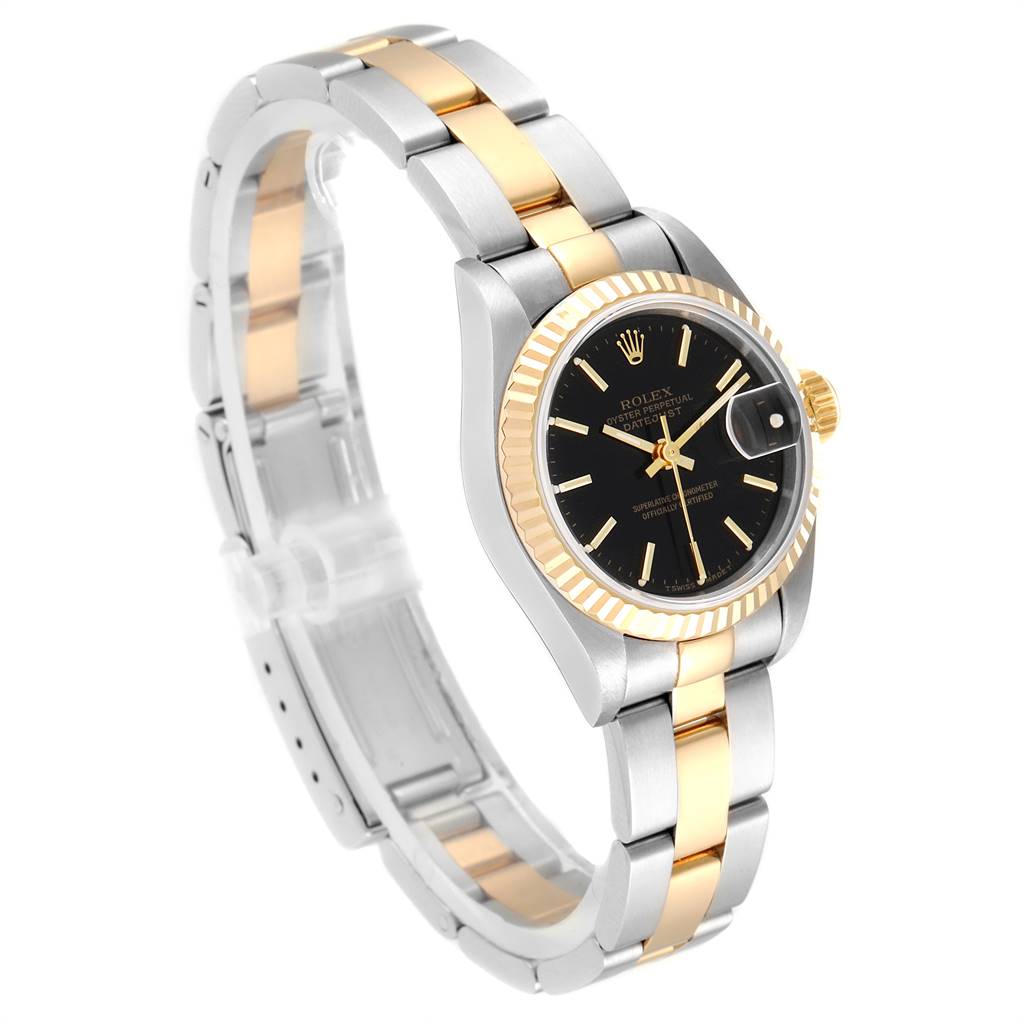 This image shows a Rolex Datejust 69173 Women's Steel and Gold (two tone) Black Dial 69173 Women's Steel and Gold (two tone) Black Dial watch at a side angle highlighting the two-tone bracelet, black dial, and fluted bezel.