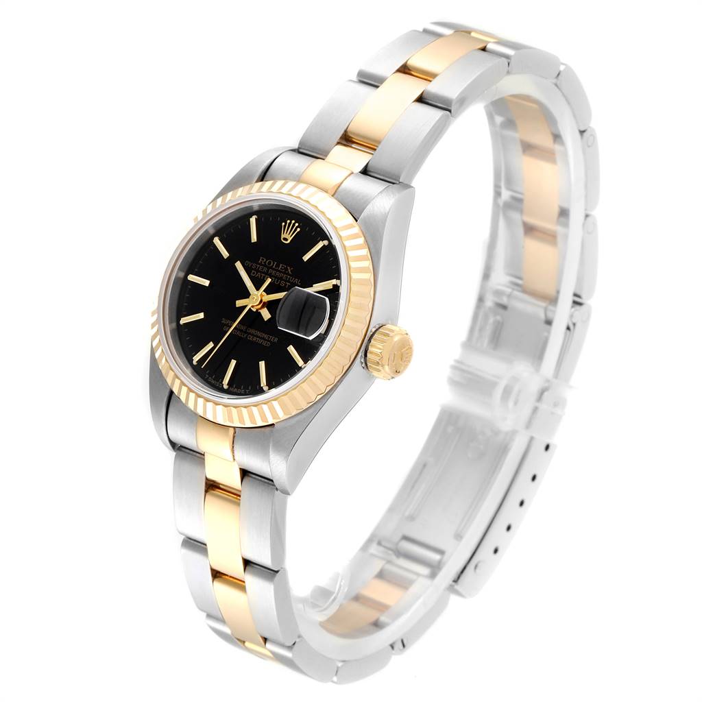 The Rolex Datejust 69173 Women's Steel and Gold (two tone) Black Dial 69173 Women's Steel and Gold (two tone) Black Dial watch is shown at an angled side view, highlighting its two-tone bracelet, fluted bezel, and black dial.