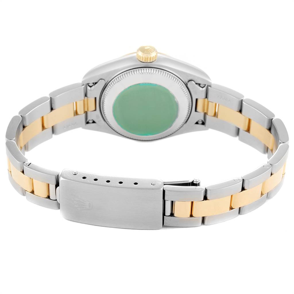 This image shows the back side of a Rolex Datejust 69173 Women's Steel and Gold (two tone) Black Dial 69173 Women's Steel and Gold (two tone) Black Dial watch, highlighting the bracelet and the clasp.