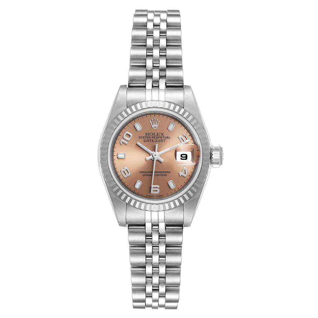 This image shows a Rolex Datejust 79174 Women's Stainless Steel Pink Dial 79174 Women's Stainless Steel Pink Dial watch from a top-down angle, displaying its face, bezel, date window, and bracelet.