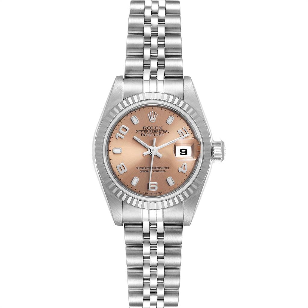 This image shows a frontal view of a Rolex Datejust 79174 Women's Stainless Steel Pink Dial 79174 Women's Stainless Steel Pink Dial watch with a stainless steel bracelet and salmon dial.