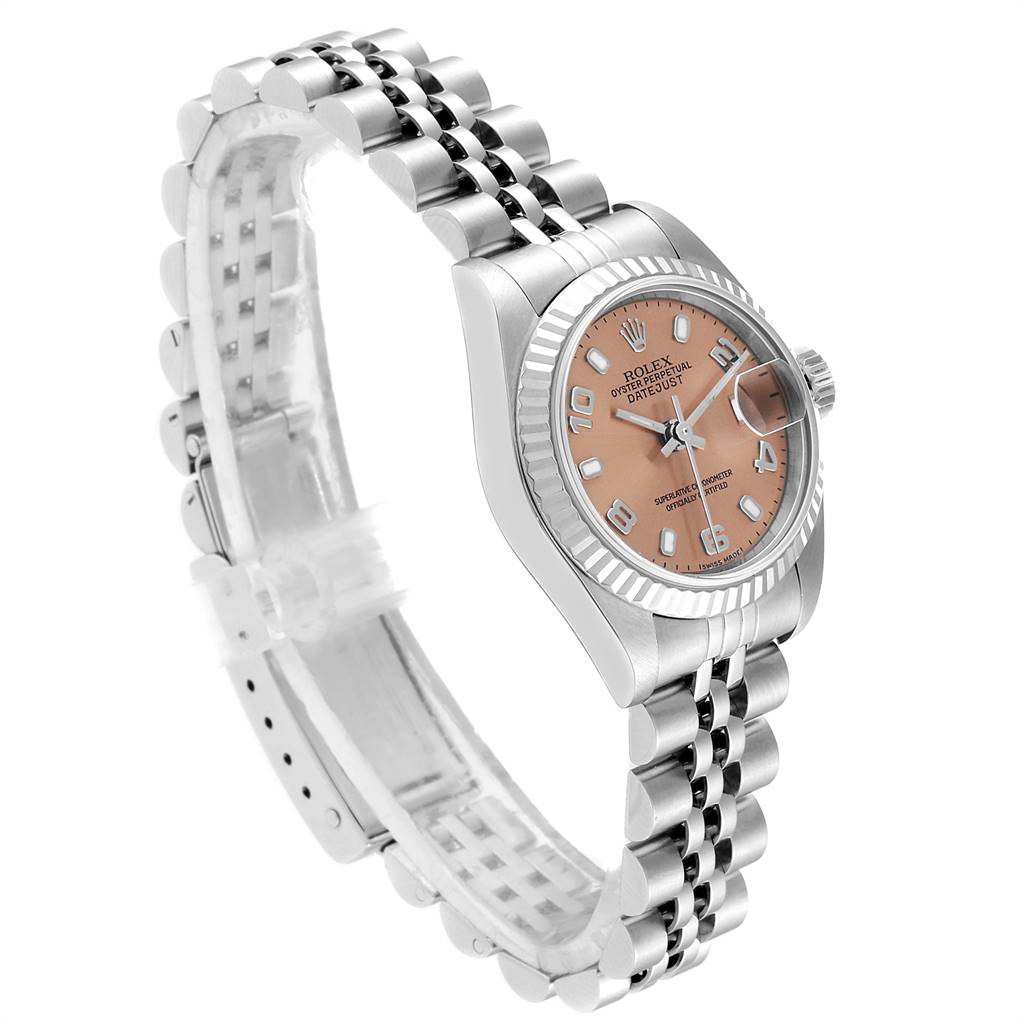 The image shows a Rolex Datejust 79174 Women's Stainless Steel Pink Dial 79174 Women's Stainless Steel Pink Dial watch from a side angle, displaying the dial, case, crown, and bracelet.