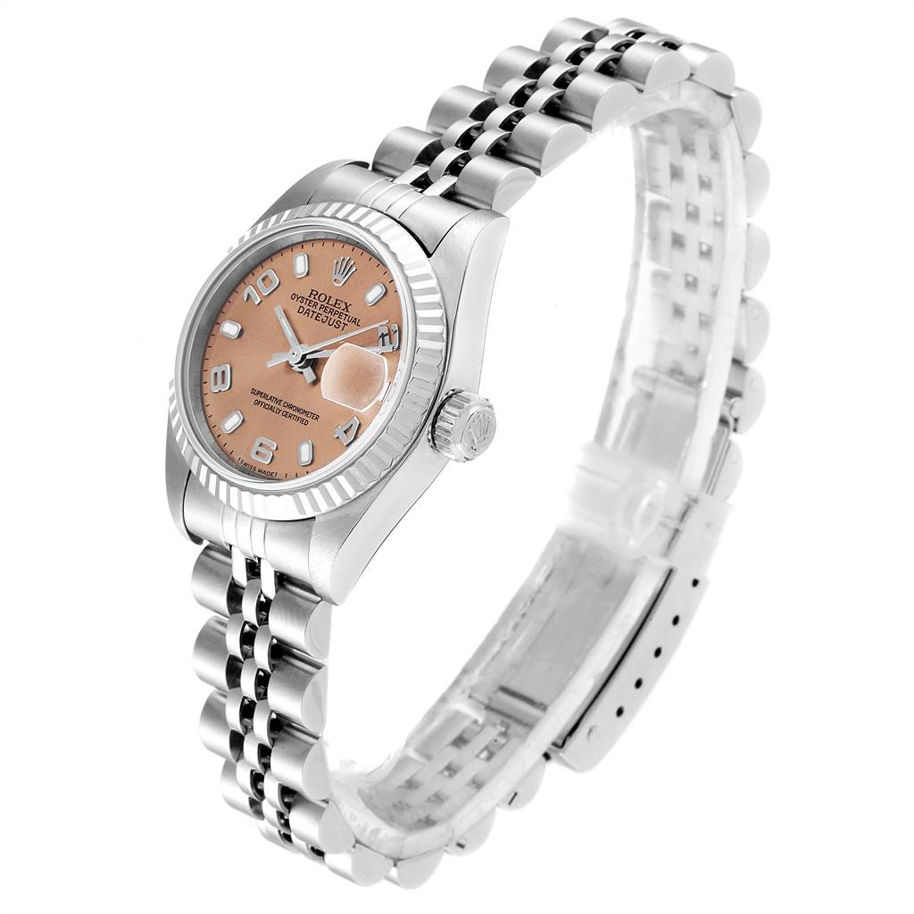 The image shows a Rolex Datejust 79174 Women's Stainless Steel Pink Dial 79174 Women's Stainless Steel Pink Dial watch at an angled side view, displaying the face, bezel, and bracelet.
