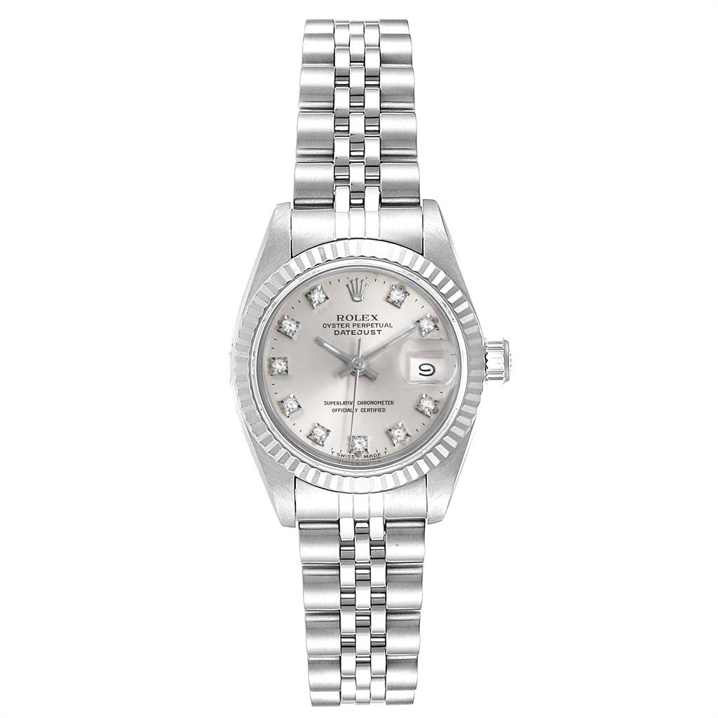 The image shows a Rolex Datejust 69174 Women
s Stainless Steel Silver Dial 69174 Women
s Stainless Steel Silver Dial watch, featuring its face, bezel, crown, and bracelet, viewed from the front.