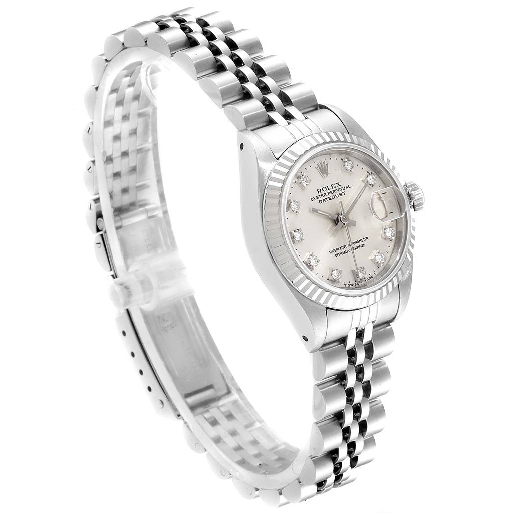 This image shows a Rolex Datejust 69174 Women
s Stainless Steel Silver Dial 69174 Women
s Stainless Steel Silver Dial watch at an angled side view, highlighting the face, bezel, and bracelet.
