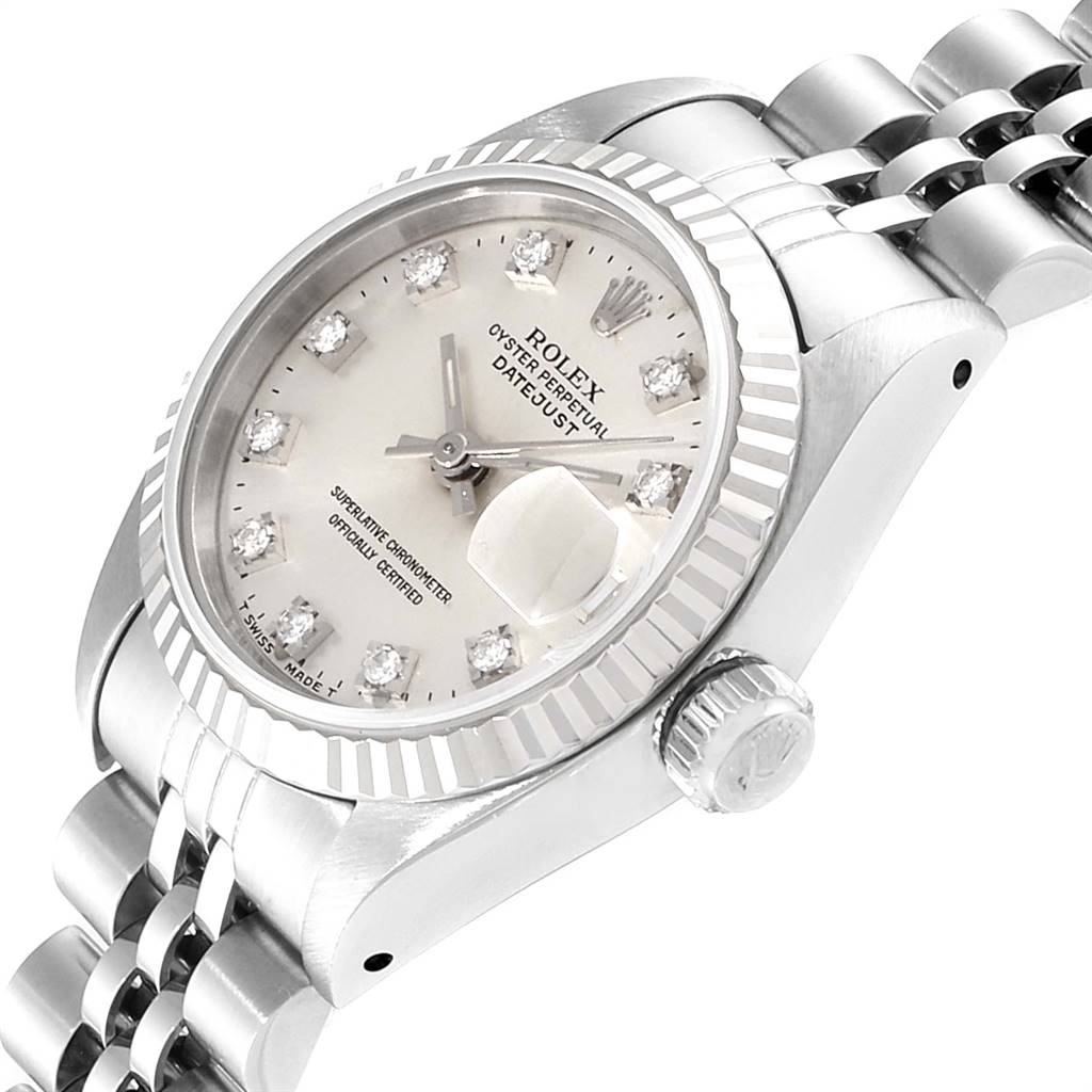 The Rolex Datejust 69174 Women
s Stainless Steel Silver Dial 69174 Women
s Stainless Steel Silver Dial watch is shown at a slight angle, focusing on the dial, bezel, and part of the bracelet.