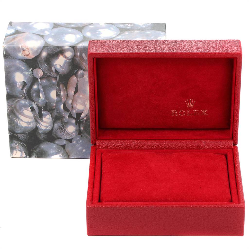 The image shows an open red watch box and an outer box for a Rolex Datejust 79174 Women's Stainless Steel Blue Dial 79174 Women's Stainless Steel Blue Dial model, with the Rolex logo visible inside the box.