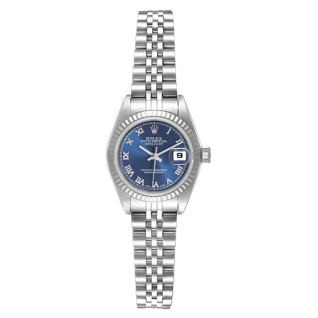 This Rolex Datejust 79174 Women's Stainless Steel Blue Dial 79174 Women's Stainless Steel Blue Dial watch is shown from the top, highlighting its blue dial, stainless steel bracelet, and date display.