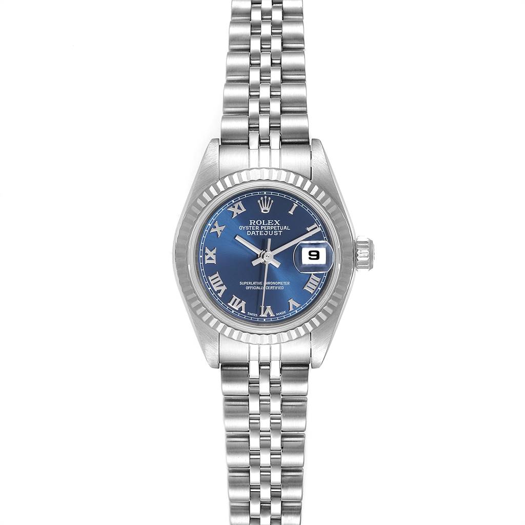 This image shows a Rolex Datejust 79174 Women's Stainless Steel Blue Dial 79174 Women's Stainless Steel Blue Dial watch from a top-down angle, highlighting the bracelet, dial, and date display.