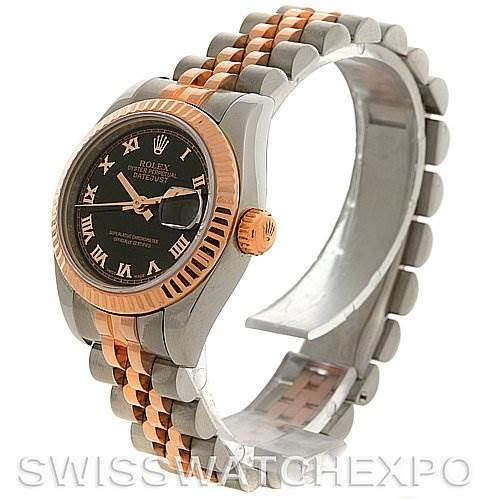 This is a partial side view of a Rolex Datejust 179171 Women's Steel and Gold (two tone) Black Dial 179171 Women's Steel and Gold (two tone) Black Dial watch, showing the bracelet, bezel, crown, and dial.