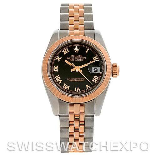 This image shows a Rolex Datejust 179171 Women's Steel and Gold (two tone) Black Dial 179171 Women's Steel and Gold (two tone) Black Dial watch, featuring a two-tone bracelet, black dial, and a date window at 3 o'clock, viewed from the front.