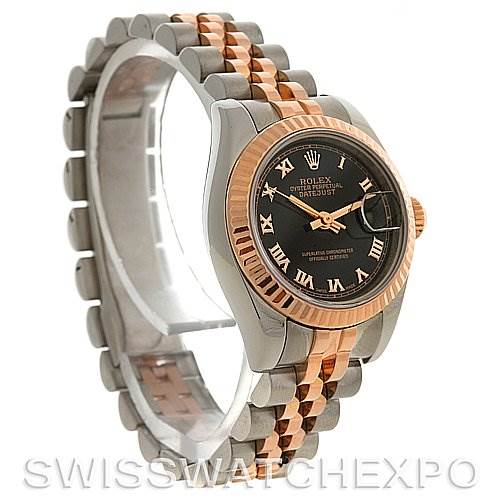 The image shows a Rolex Datejust 179171 Women's Steel and Gold (two tone) Black Dial 179171 Women's Steel and Gold (two tone) Black Dial watch at an angled view highlighting its stainless steel and rose gold bracelet and black dial.