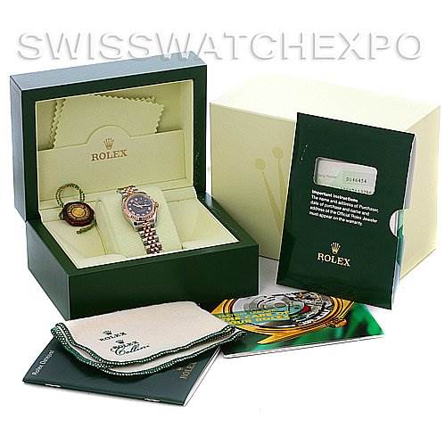 The image shows a Rolex Datejust 179171 Women's Steel and Gold (two tone) Black Dial 179171 Women's Steel and Gold (two tone) Black Dial watch with its accessories, including the box, warranty card, manuals, and cleaning cloth.