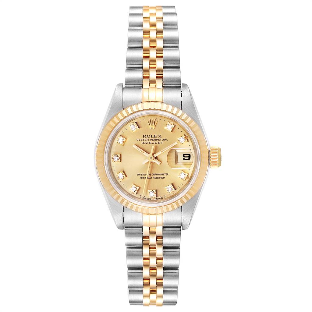 This image shows a front view of the Rolex Datejust 69173 Women
s Stainless Steel Champagne Dial 69173 Women
s Stainless Steel Champagne Dial, featuring its dial, fluted bezel, and two-tone Jubilee bracelet.