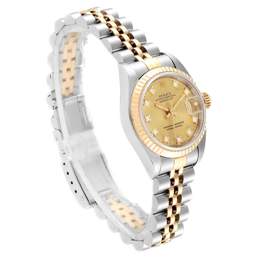 The image displays a side angle of the Rolex Datejust 69173 Women
s Stainless Steel Champagne Dial 69173 Women
s Stainless Steel Champagne Dial watch, showcasing its gold and silver jubilee bracelet and diamond-set dial.
