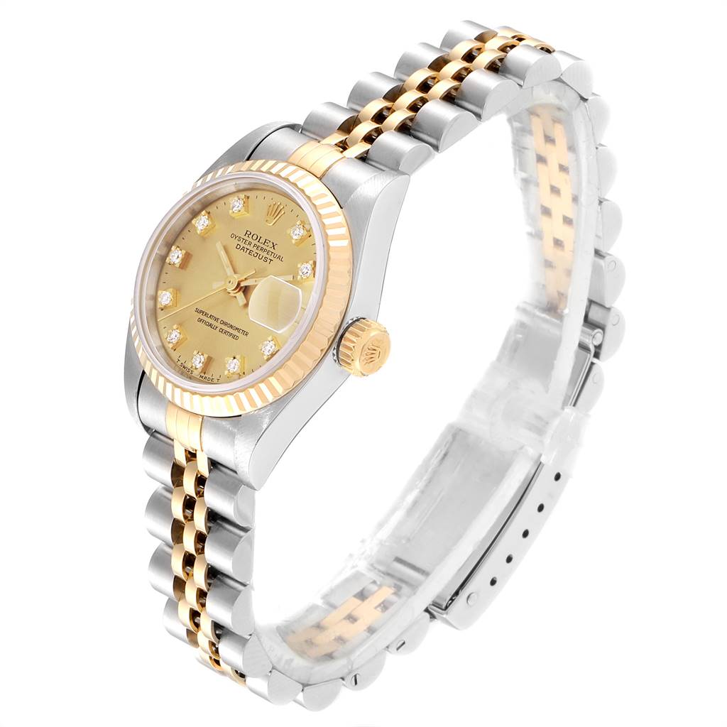 The image shows a side angle view of a Rolex Datejust 69173 Women
s Stainless Steel Champagne Dial 69173 Women
s Stainless Steel Champagne Dial watch, highlighting the dial, bezel, crown, and bracelet.