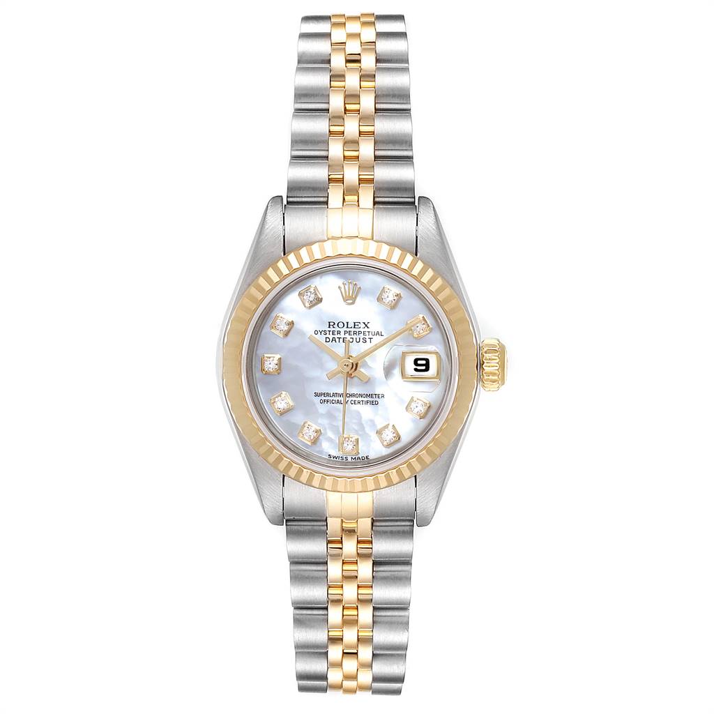 The Rolex Datejust 79173 Women's Stainless Steel Mother of Pearl Dial 79173 Women's Stainless Steel Mother of Pearl Dial watch is shown from a front angle, displaying its dial, fluted bezel, and two-tone bracelet.
