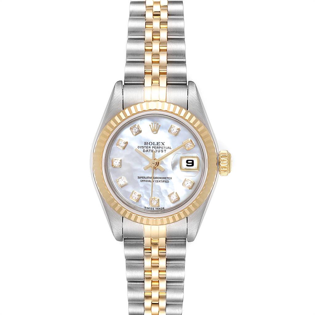 The image displays a frontal view of a Rolex Datejust 79173 Women's Stainless Steel Mother of Pearl Dial 79173 Women's Stainless Steel Mother of Pearl Dial watch, showcasing its dial, bezel, and bracelet.