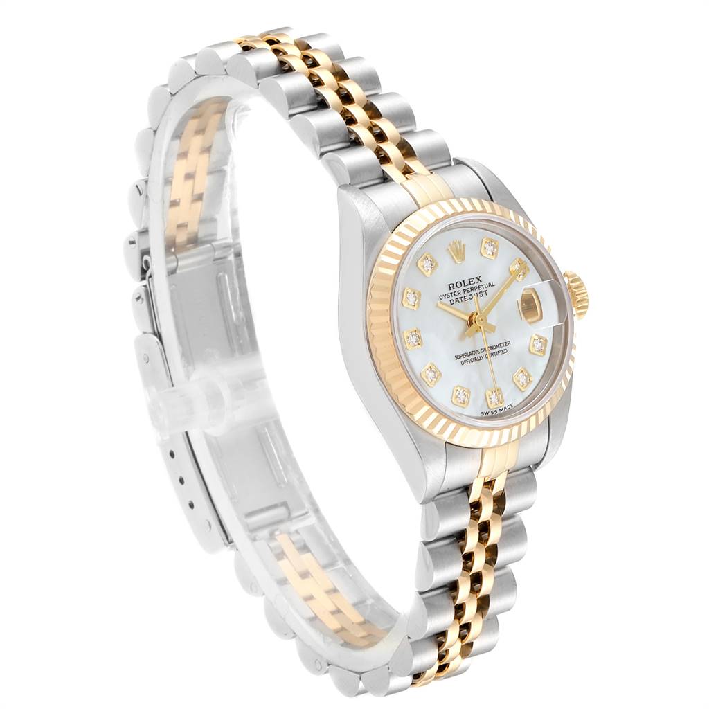 The image shows a Rolex Datejust 79173 Women's Stainless Steel Mother of Pearl Dial 79173 Women's Stainless Steel Mother of Pearl Dial watch at a three-quarter angle, highlighting its two-tone metal bracelet and diamond-accented dial.