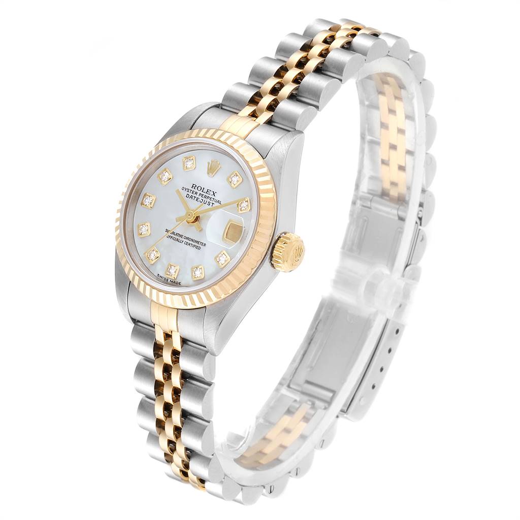 The image shows a Rolex Datejust 79173 Women's Stainless Steel Mother of Pearl Dial 79173 Women's Stainless Steel Mother of Pearl Dial watch at a slight side angle, highlighting its dial, bezel, crown, and two-tone bracelet.