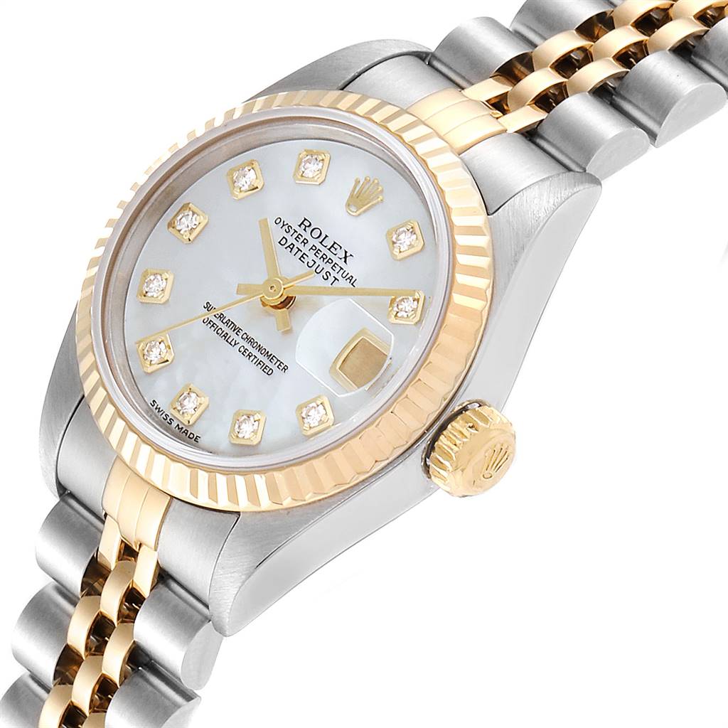 This image shows a Rolex Datejust 79173 Women's Stainless Steel Mother of Pearl Dial 79173 Women's Stainless Steel Mother of Pearl Dial watch at an angled close-up, highlighting the face, bezel, crown, and part of the bracelet.