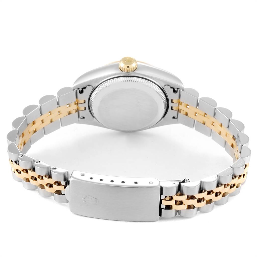 The image shows the back case and bracelet of a Rolex Datejust 79173 Women's Stainless Steel Mother of Pearl Dial 79173 Women's Stainless Steel Mother of Pearl Dial watch, highlighting the clasp and crown in a two-tone design.
