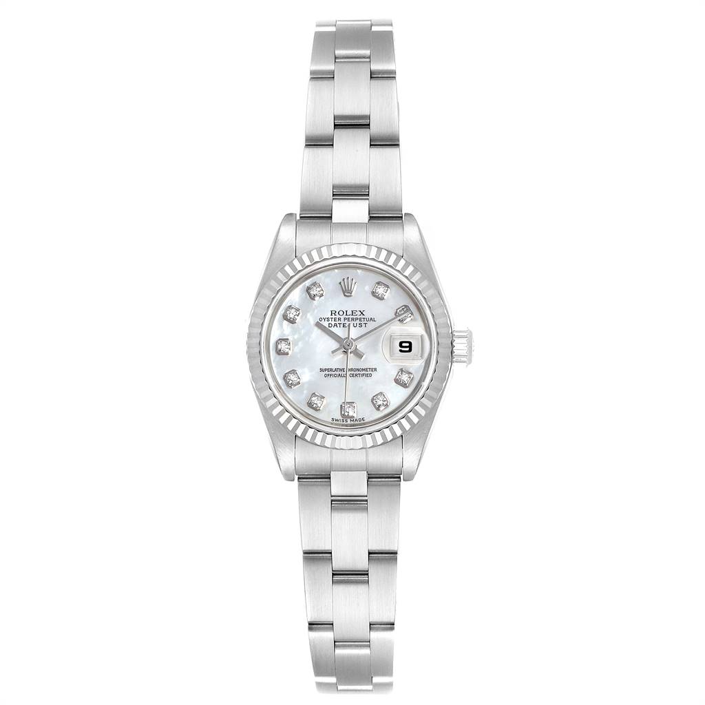 This image shows a top-down view of a Rolex Datejust 79174 Women
s Stainless Steel Mother of Pearl Dial 79174 Women
s Stainless Steel Mother of Pearl Dial model watch, displaying the face, bezel, and part of the bracelet.