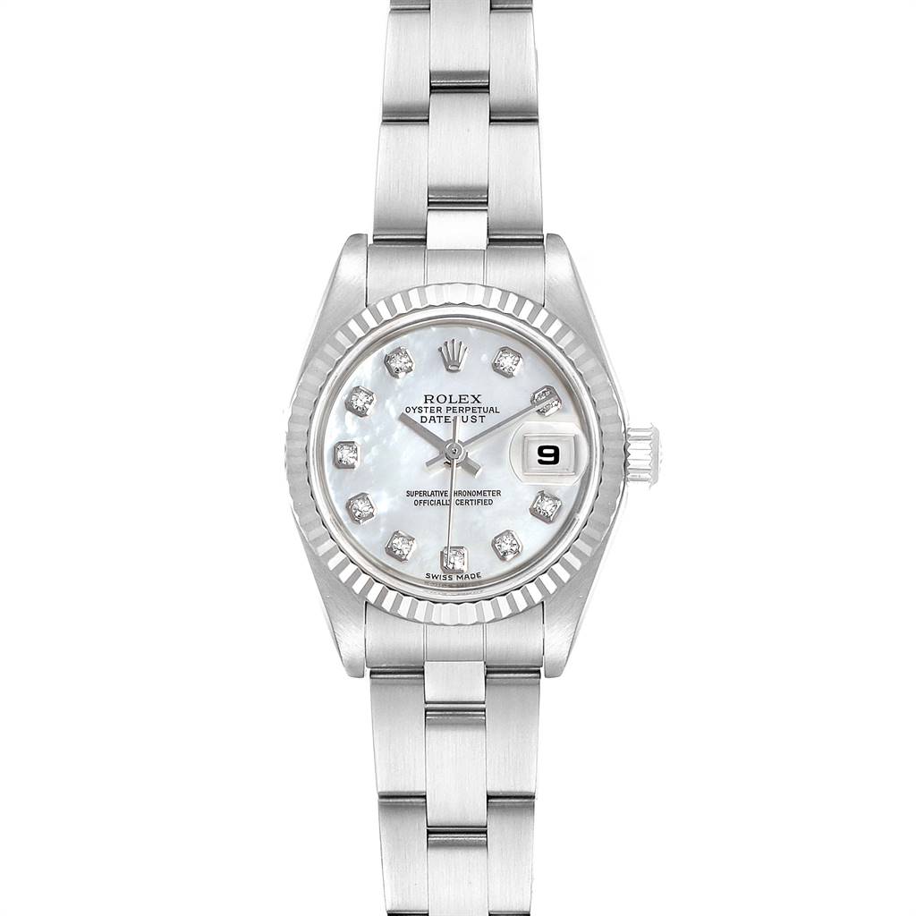 The image shows a Rolex Datejust 79174 Women
s Stainless Steel Mother of Pearl Dial 79174 Women
s Stainless Steel Mother of Pearl Dial watch from a front angle, highlighting the dial, bezel, date window, and part of the bracelet.