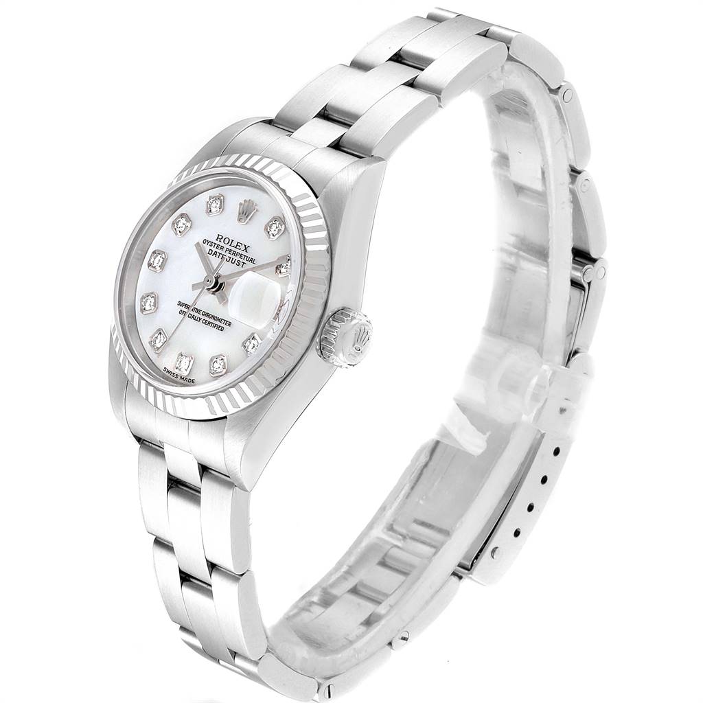 The image shows a side angle of a Rolex Datejust 79174 Women
s Stainless Steel Mother of Pearl Dial 79174 Women
s Stainless Steel Mother of Pearl Dial watch, featuring its bracelet, crown, and face with diamond hour markers.