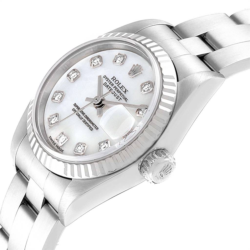 This image shows the side and partial top view of a Rolex Datejust 79174 Women
s Stainless Steel Mother of Pearl Dial 79174 Women
s Stainless Steel Mother of Pearl Dial watch, highlighting the dial, bezel, crown, and bracelet.