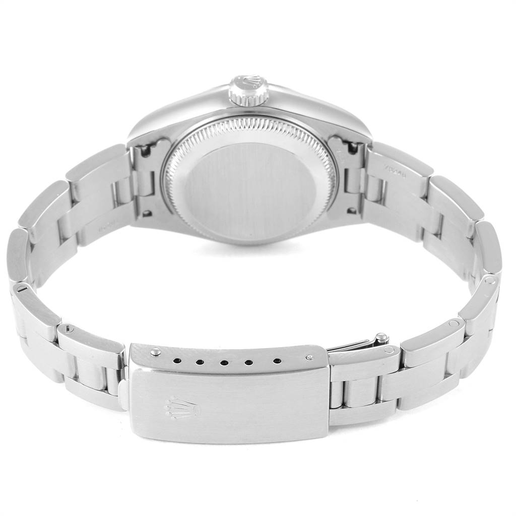 The image shows the back case and metal bracelet of a Rolex Datejust 79174 Women
s Stainless Steel Mother of Pearl Dial 79174 Women
s Stainless Steel Mother of Pearl Dial watch, viewed from the rear.