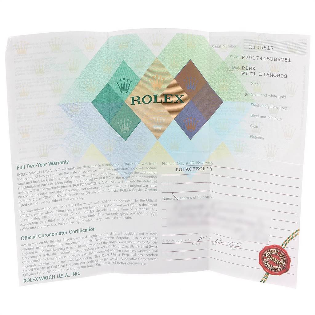 The image displays a warranty card for the Rolex Datejust 79174 Women's Stainless Steel Pink Dial 79174 Women's Stainless Steel Pink Dial model, detailing its specifics and purchase information.