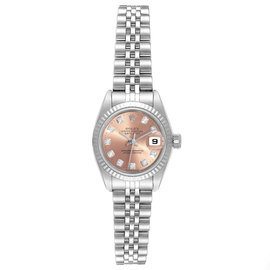 This image shows a frontal view of a Rolex Datejust 79174 Women's Stainless Steel Pink Dial 79174 Women's Stainless Steel Pink Dial watch, displaying the bracelet, dial, hands, and date window.