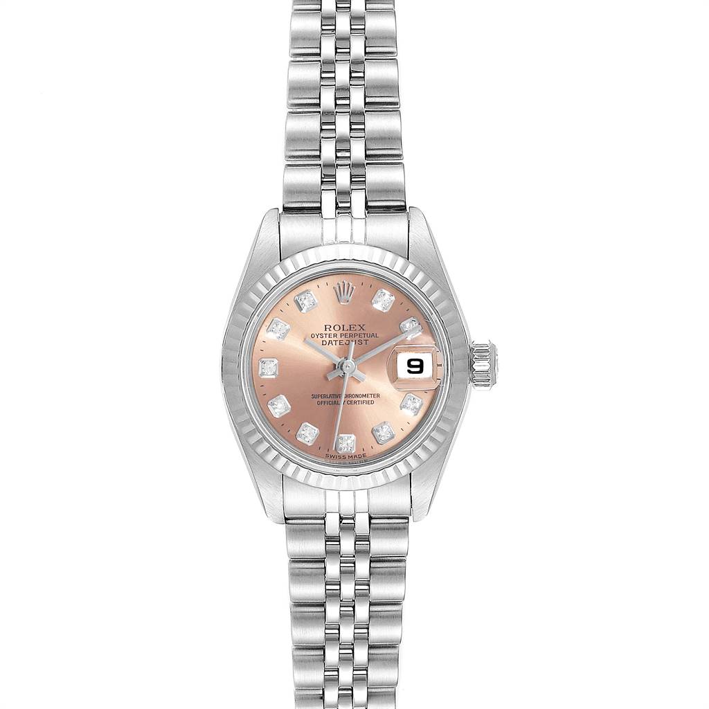 This is a frontal view of a Rolex Datejust 79174 Women's Stainless Steel Pink Dial 79174 Women's Stainless Steel Pink Dial watch, showcasing the face, bezel, and bracelet.